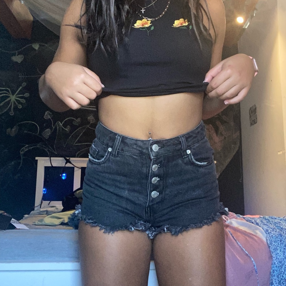 high waisted black button up jean shorts